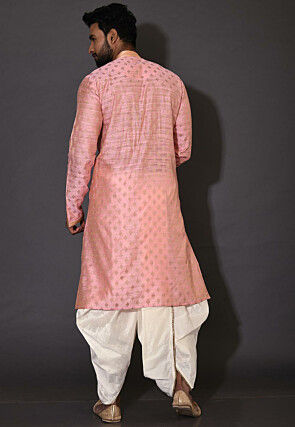 Hand Embroidered Neckline Cotton Silk Dhoti Kurta in Pink