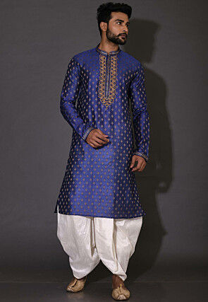 Hand Embroidered Neckline Cotton Silk Dhoti Kurta in Royal Blue