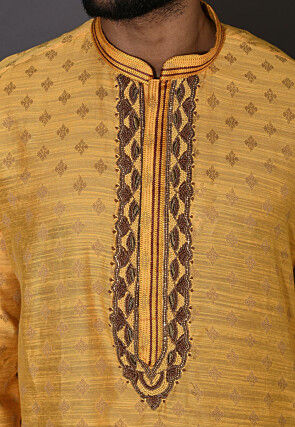 Hand Embroidered Neckline Cotton Silk Dhoti Kurta in Yellow