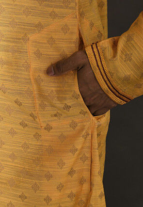 Hand Embroidered Neckline Cotton Silk Dhoti Kurta in Yellow