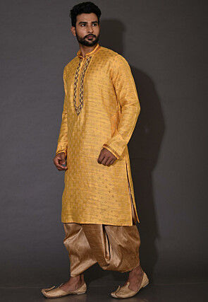 Hand Embroidered Neckline Cotton Silk Dhoti Kurta in Yellow