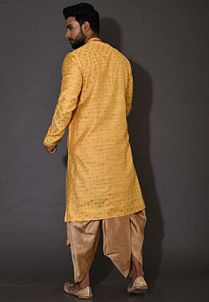 Hand Embroidered Neckline Cotton Silk Dhoti Kurta in Yellow