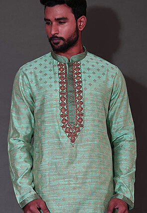 Hand Embroidered Neckline Cotton Silk Kurta in Turquoise