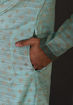 Hand Embroidered Neckline Cotton Silk Kurta in Turquoise