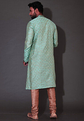 Hand Embroidered Neckline Cotton Silk Kurta in Turquoise