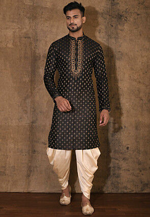 Hand Embroidered Neckline Cotton Silk Kurta Set in Black