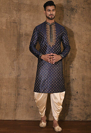 Hand Embroidered Neckline Cotton Silk Kurta Set in Navy Blue