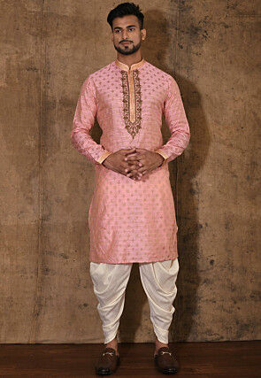 Hand Embroidered Neckline Cotton Silk Kurta Set in Pink