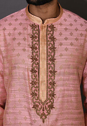 Hand Embroidered Neckline Cotton Silk Kurta Set in Pink