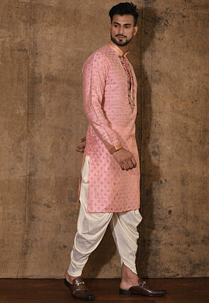 Hand Embroidered Neckline Cotton Silk Kurta Set in Pink
