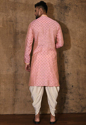 Hand Embroidered Neckline Cotton Silk Kurta Set in Pink