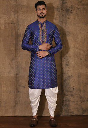 Hand Embroidered Neckline Cotton Silk Kurta Set in Royal Blue
