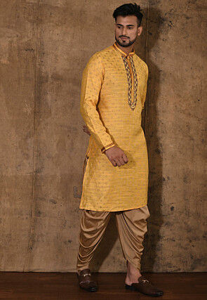 Hand Embroidered Neckline Cotton Silk Kurta Set in Yellow