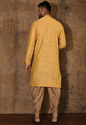 Hand Embroidered Neckline Cotton Silk Kurta Set in Yellow
