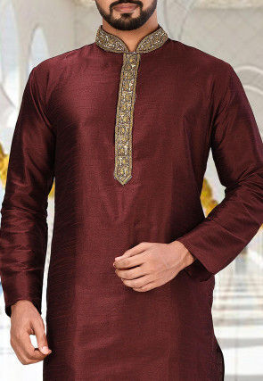 Hand Embroidered Neckline Dupion Silk Kurta in Dark Maroon