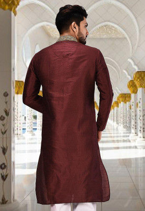 Hand Embroidered Neckline Dupion Silk Kurta in Dark Maroon