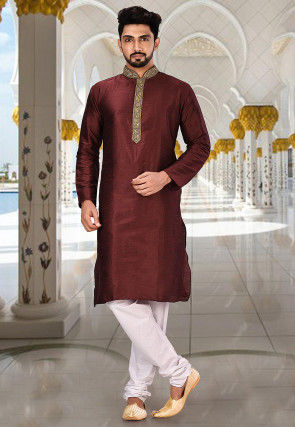 Hand Embroidered Neckline Dupion Silk Kurta in Dark Maroon