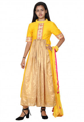 Hand Embroidered Neckline Georgette A Line Suit in Yellow and Golden