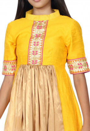 Hand Embroidered Neckline Georgette A Line Suit in Yellow and Golden