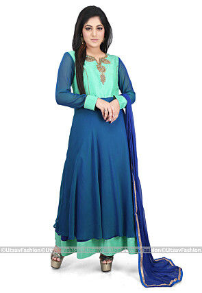 Hand Embroidered Neckline Georgette Abaya Style Suit in Teal Blue