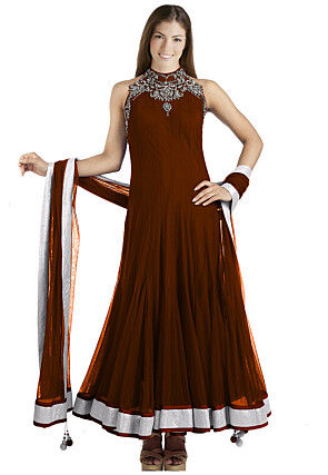 Hand Embroidered Net Abaya Style Suit in Dark Brown