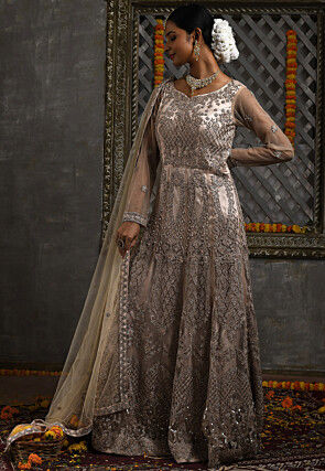 Hand Embroidered Net Abaya Style Suit in Fawn