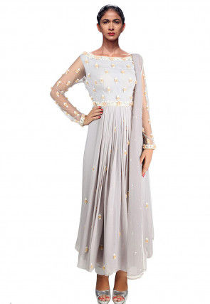 Hand Embroidered Net Abaya Style Suit in Light Grey