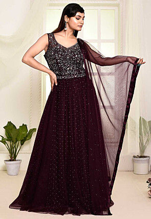 Hand Embroidered Net Abaya Style Suit in Wine