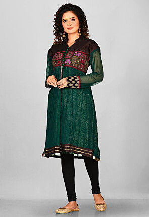 Hand Embroidered Net Anarkali Kurta in Teal Green