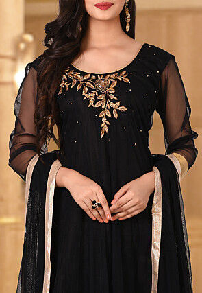 Hand Embroidered Net Anarkali Suit in Black