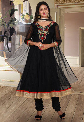 Hand Embroidered Net Anarkali Suit in Black