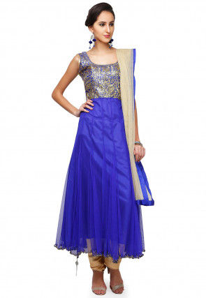 Hand Embroidered Net Anarkali Suit in Blue