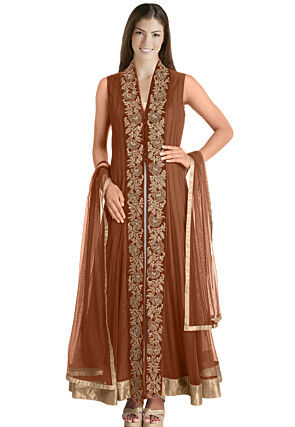 Hand Embroidered Net Anarkali Suit in Brown