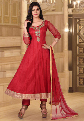 Hand Embroidered Net Anarkali Suit in Red