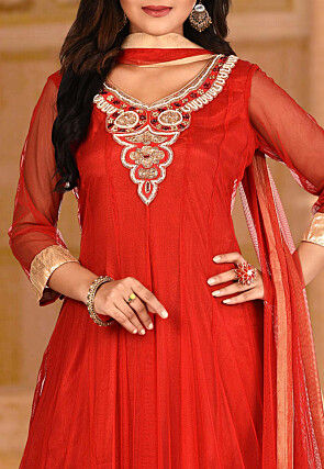 Hand Embroidered Net Anarkali Suit in Red