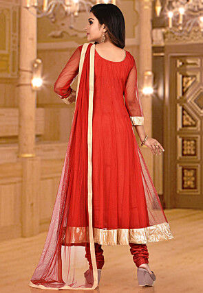 Hand Embroidered Net Anarkali Suit in Red