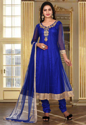 Hand Embroidered Net Anarkali Suit in Royal Blue