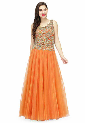 Hand Embroidered Net Gown in Orange