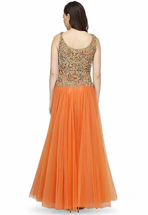 Hand Embroidered Net Gown in Orange