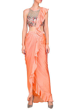 Hand Embroidered Net Crop Top Set in Peach