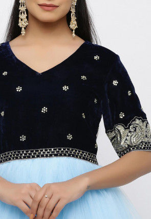 Hand Embroidered Net Gown in Sky Blue and Navy Blue