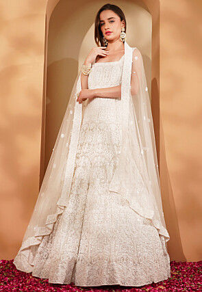 Hand Embroidered Net Gown in White