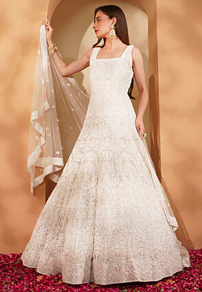 Hand Embroidered Net Gown in White