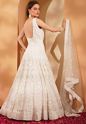 Hand Embroidered Net Gown in White