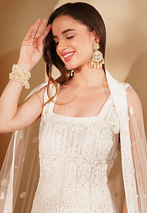 Hand Embroidered Net Gown in White