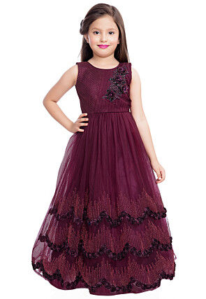 Hand Embroidered Net Gown in Wine