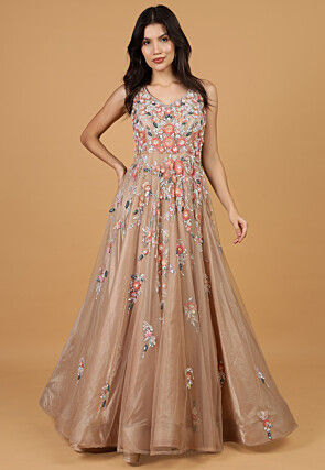Hand Embroidered Net Gown with Attached Dupatta in Brown