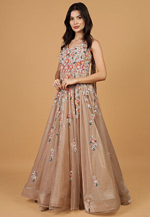 Hand Embroidered Net Gown with Attached Dupatta in Brown