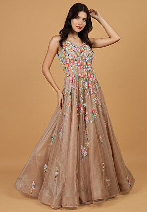 Hand Embroidered Net Gown with Attached Dupatta in Brown
