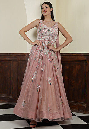 Hand Embroidered Net Gown with Attached Dupatta in Pink